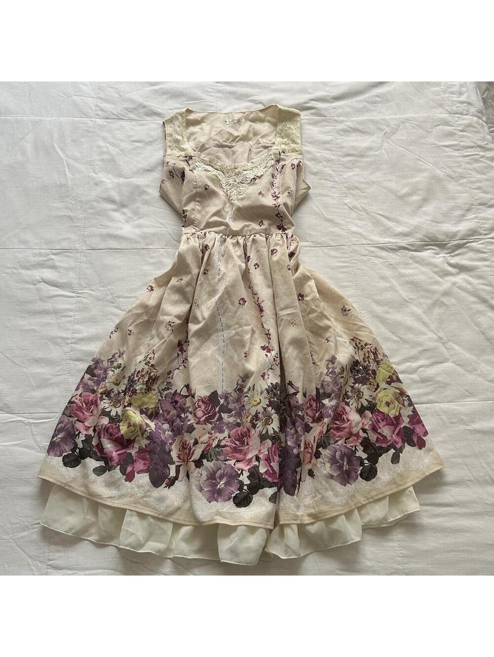 Axes Femme Ivory Purple Rose Floral Lace Ruffle Dress Medium Japan